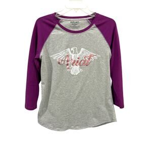 Ariat Gray Purple Raglan Sleeve Baseball Western Top Metallic Logo Large